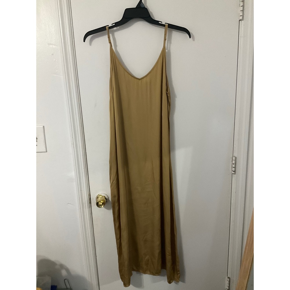 Aerie Real Women XL Tan Satin Viscose V-Neck Midi Slip Dress Adjustable Straps